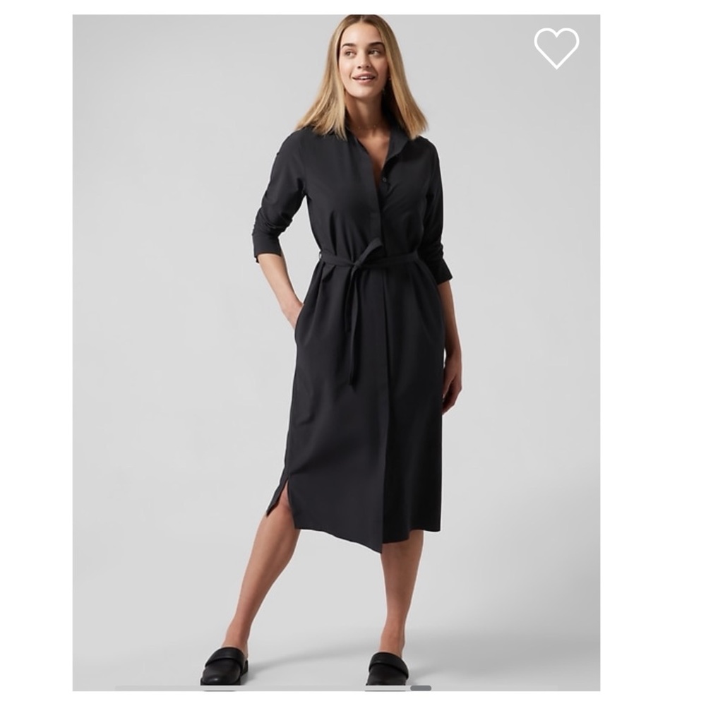 Athleta Black Midi Shirt Dress with Waist Tie